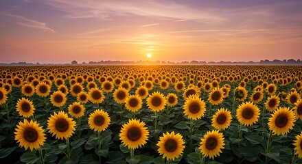 Fototapeta premium Expansive golden blooming sunflower field under a breathtaking vibrant sunset sky with warm light, concept for nature photography, agricultural themes and summer travel promotion
