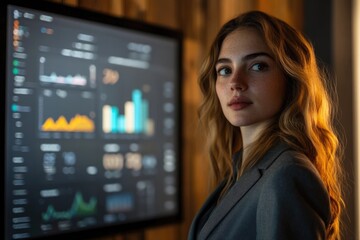 A young woman with freckles looks over her shoulder at the camera, standing before a large screen displaying graphs and charts.