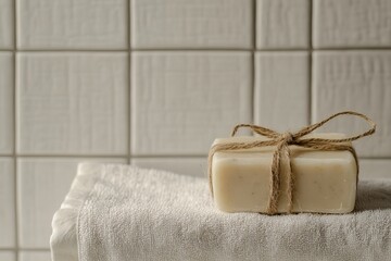 Natural soap on towel in minimalist bathroom setting