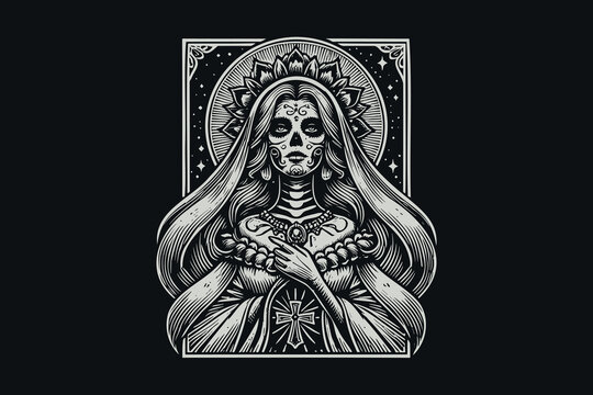 Monochrome engraving of Santa Muerte with skeletal face for print or tattoo