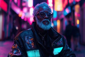 Obraz premium Stylish man in futuristic neon cityscape at night. Retro Futurism