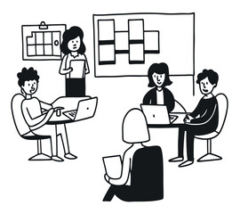 black and white One line art group business team meeting and working collaboration in office workplace concept. flat vector illustration set cartoon character design concept