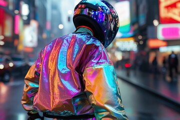 Futuristic urban scene with neon lights and reflective fashion in night city. Retro Futurism