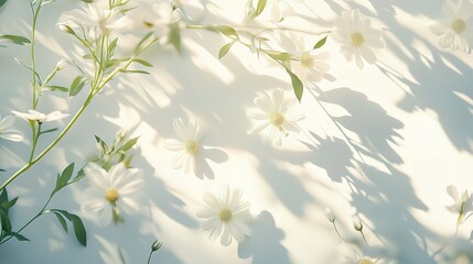 Delicate Chamomile Flowers with Sunlight and Shadows on Background
