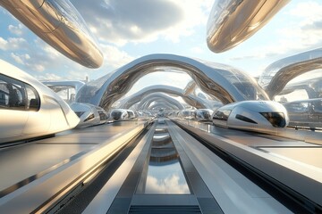 Fototapeta premium Futuristic transportation system in modern cityscape under cloudy skies. Retro Futurism