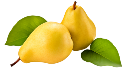 Two ripe juicy yellow pears with vibrant green leaves perfect for healthy food blogs cookbook illustrations and fresh produce advertisements