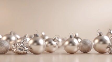 Elegant silver Christmas ornaments on beige background