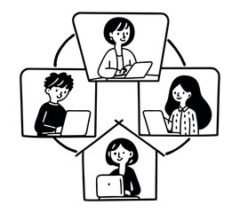 black and white One line art group business team meeting and working collaboration in office workplace concept. flat vector illustration set cartoon character design concept