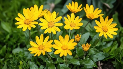 Bright Yellow Spring Flowers in a Green Meadow Setting
