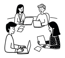 black and white One line art group business team meeting and working collaboration in office workplace concept. flat vector illustration set cartoon character design concept