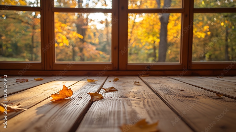 Poster Cozy autumn scene with fallen leaves and warm glow through rustic wooden window : Generative AI
