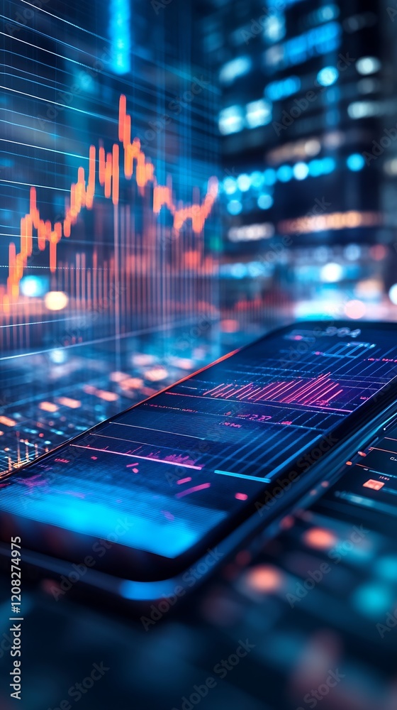 Aufkleber Advanced Mobile Stock Trading with Digital Graphs and Market Analysis in Urban Environment : Generative AI