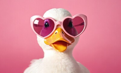 Duck wearing heart-shaped sunglasses poses against a pink background in a fun and playful setting. Valentine’s Day, idea, joke, love