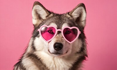 Fototapeta premium Wolfdog wearing heart-shaped sunglasses poses against a vibrant pink background in a fun photo shoot session celebrating pets' personality. Valentine’s Day, idea, joke, love