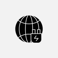 Globe and Plug icon glyph, free energy, ecology, renewable and green energy concept. Solid black icon.