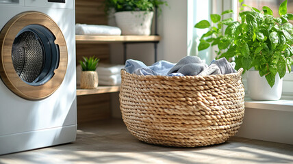 laundry room corner, modern washing machine with clear eco label, woven basket with clothes, plant on shelf, natural window light, sustainable living vibe 