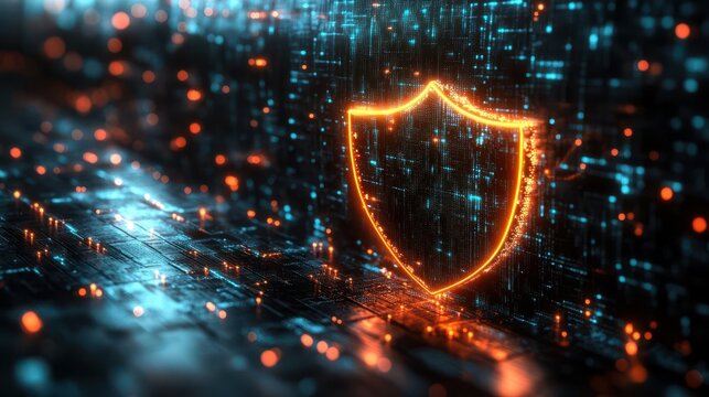 cybersecurity shield emanating neon green light binary code streams flowing across dark digital space network connections forming protective grid