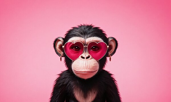 Cute monkey wearing heart-shaped glasses in front of a pink background during a playful photo session. Valentine&rsquo;s Day, idea, joke, love