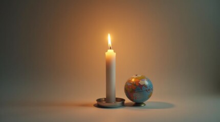 single candle with a small globe beside it