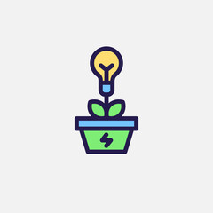 Bulb and plant in a pot icon flat, free energy, ecology, renewable and green energy concept. Outline and filled colourful icon.