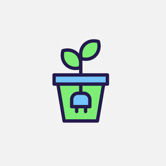 Plug and sprout in a pot icon flat, free energy, ecology, renewable and green energy concept. Outline and filled colourful icon.