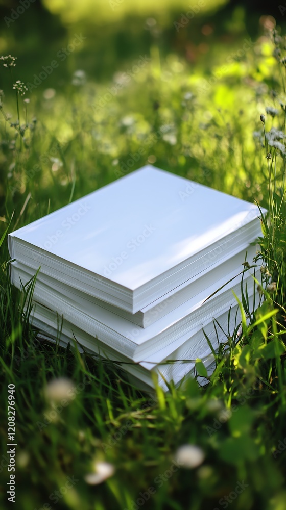 Poster Stack of Blank Hardcover Books on Grass Capturing Rustic Vibe for Designers and Creatives : Generative AI