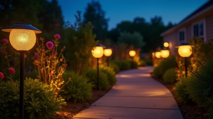 Obraz premium solar-powered lights illuminating a garden pathway at dusk