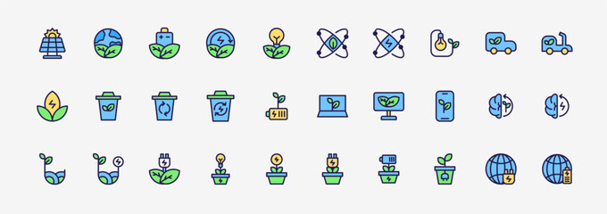 Renewable energy icon set line colourful flat icon. Include solar panel, battery, ecology leaf, recycle, innovation energy. Outline filled colours icon pack.
