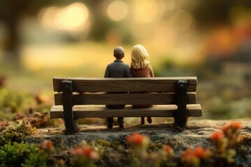 A miniature couple sits on a wooden bench, enjoying a peaceful, sunlit moment in a serene outdoor setting.