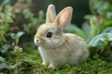 Fototapeta premium Adorable baby bunny sitting on soft moss surrounded by greenery, showcasing innocence and natural beauty in a serene forest setting