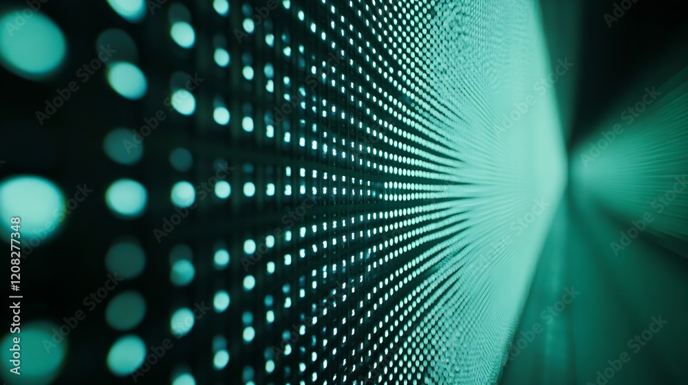 Poster Abstract Blue Green Digital Neon Light Tunnel with Endless Illusion and Binary Patterns : Generative AI