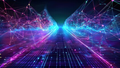 Naklejka premium A futuristic holographic background with interconnected data points forming a glowing mesh, symbolizing technology and digital networks.
