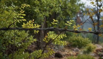 Fototapeta premium Barbed wire tangled in a bush with twigs and leaves, bush, nature, outdoor