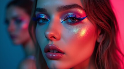A bold makeup look featuring neon eyeliner in vivid hues, highlighting creative and artistic beauty with a fashion-forward, edgy style.