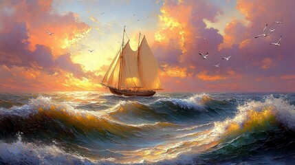 Sunset Sailboat Painting: A Serene Ocean Voyage at Golden Hour