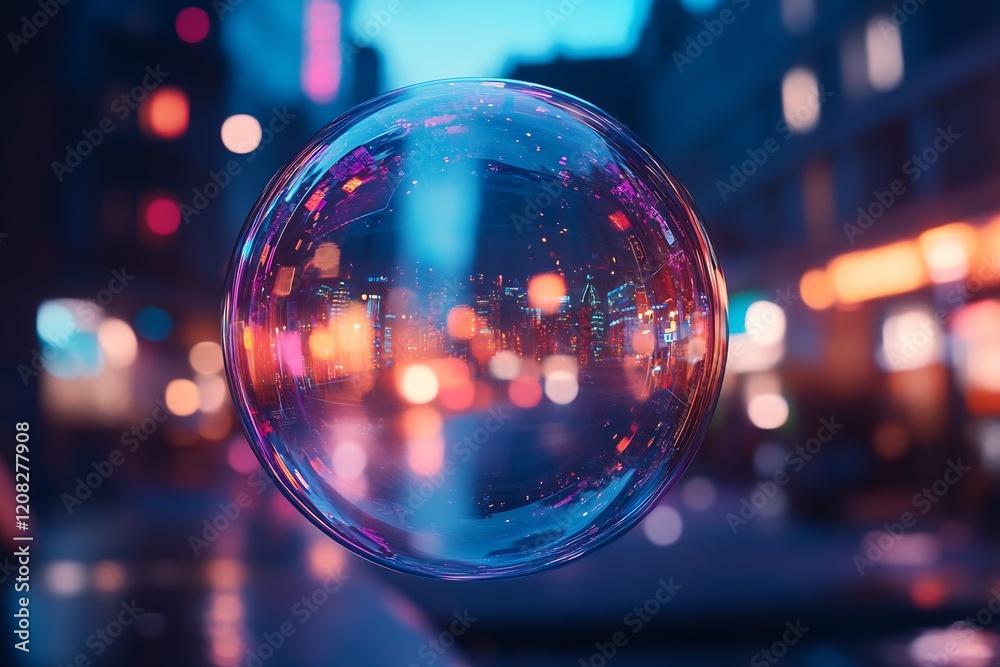 Poster transparent bubble capturing blurred lights of a busy city street : generative ai