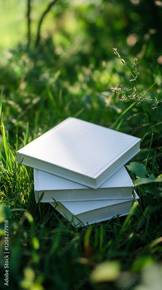 Poster Serene Stack of Blank Books in Lush Green Grass Perfect for Nature Themes : Generative AI