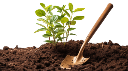Shovel digging into soil with young plant sprout, isolated for eco and agriculture design purposes, studio view, isolated on transparent background.