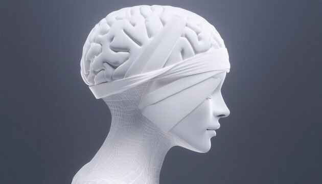 A realistic human brain model with a white bandage wrapped around it, symbolizing healing, mental health, or recovery, set against a neutral background.

