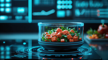 futuristic food processor prepares fresh salad with digital interface