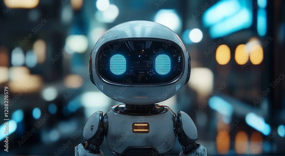 Poster adorable futuristic robot with big round eyes in brightly lit urban setting : generative ai