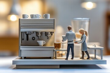 Miniature figures preparing coffee at a modern espresso machine in a cozy setting.