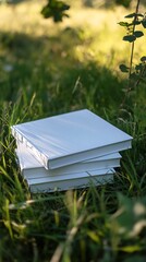 Stack of White Hardcover Books in a Sunny Outdoor Grass Setting : Generative AI