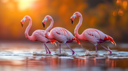 Three Pink Flamingos at Sunset