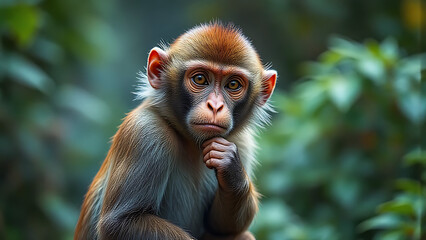 Close-up portrait of a young monkey, predominantly reddish-brown fur, with its hand near its chin