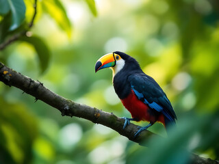 Fototapeta premium A colorful toucan perches on a tree branch against a blurred background of lush green foliage