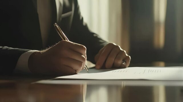 Close up of businessmans hands signing a contract on a wooden table in a sunlit office, dressed in a suit and holding a pen, emphasizing professionalism and attention to detail