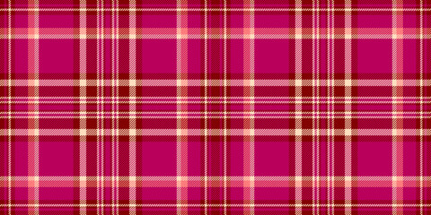 Cell plaid seamless pattern, festival texture fabric textile. Ornamental tartan vector check background in pink and maroon colors.