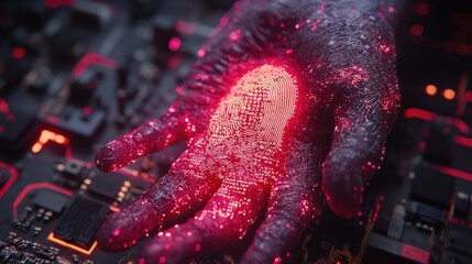 Digital hand, glowing fingerprint, circuit board, futuristic tech, cybersecurity