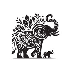 Black Color Elephant silhouette design Vector Illustration, Solid White Background (14).eps